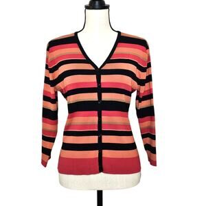 FINITY Women's M Button Up Sweater Cardigan Tops Stripped Black/Red/Orange‎